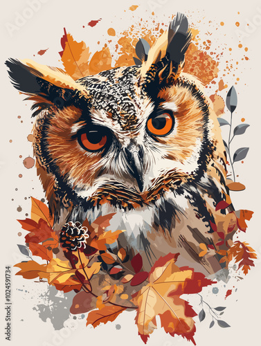 vector illustration of an owl with autumn leaves and branches in grunge style