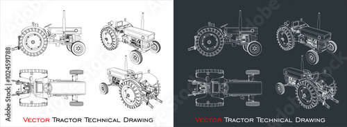 set illustration of  tractor technical drawing blueprint