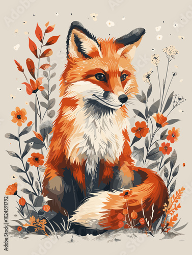 Cute red fox with flowers and leaves. Vector illustration in retro style.