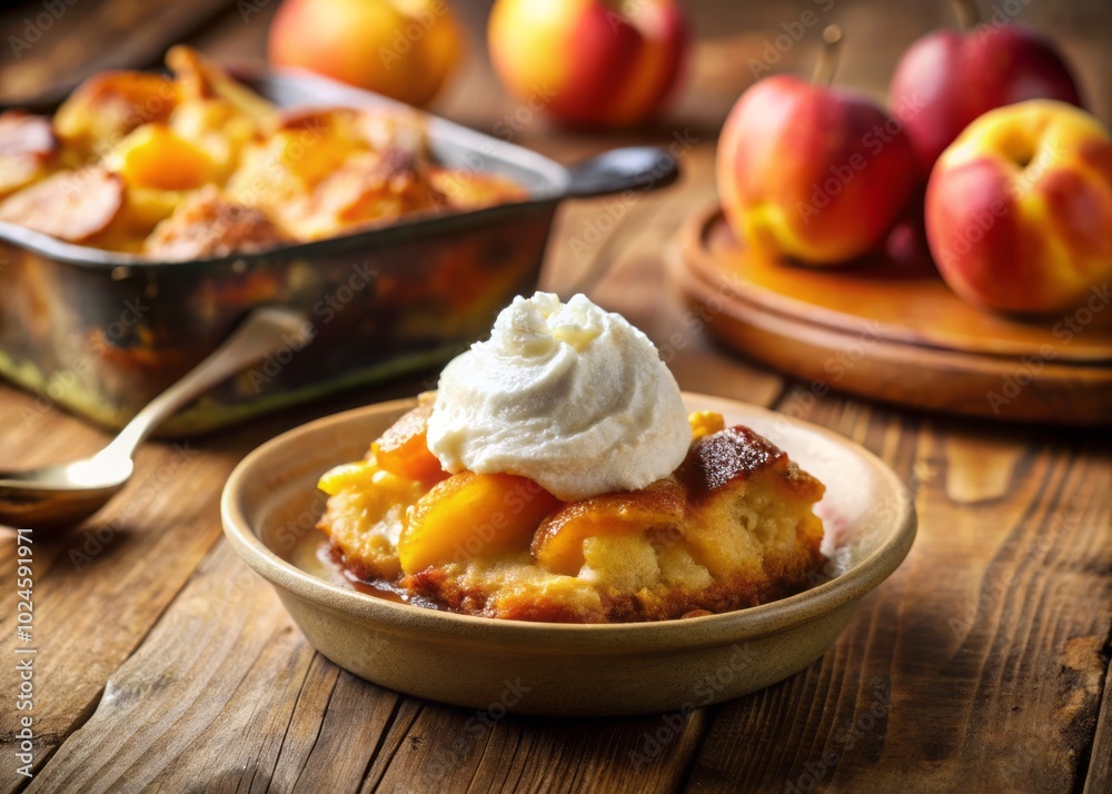 Irresistible Peach Cobbler Dessert with Whipped Cream - A Tilt-Shift Photography Delight Irresistible Peach Cobbler Dessert with Whipped Cream - A Tilt-Shift Photography Delight