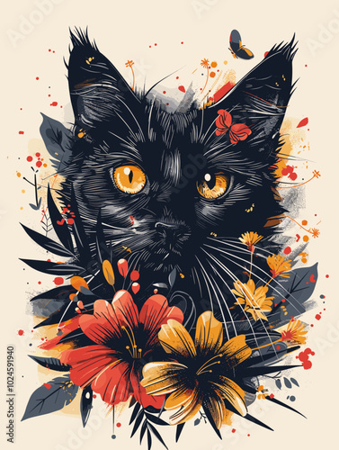 Vector illustration of a black cat with a bouquet of flowers.
