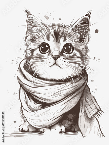 Cute cat in scarf, sketch for your design. Vector illustration
