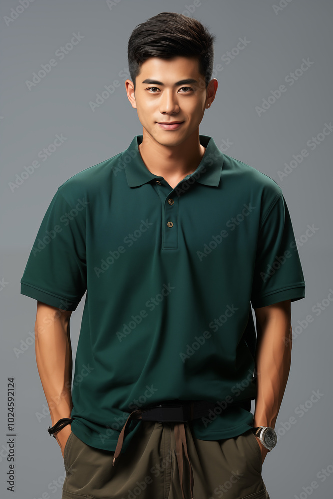 Fototapeta premium a man in a green color casual outfit standing in a studio