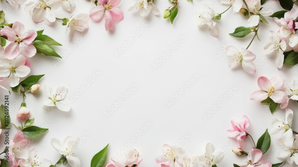 A floral frame with pink and white blossoms arranged around the edges of the image, leaving A floral frame with pink and white blossoms arranged around the edges of the image, leaving