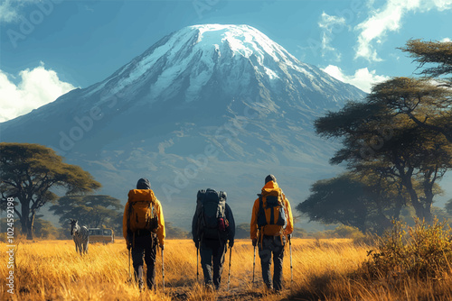 Three hikers walk through golden grasslands with towering Mount Kilimanjaro in the background, accompanied by a guide and an elephant, under a bright blue sky with scattered clouds