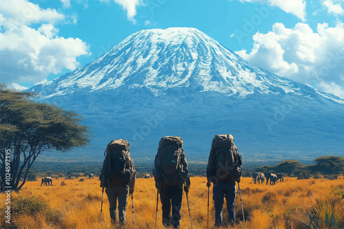 Three hikers walk through golden grasslands with towering Mount Kilimanjaro in the background, accompanied by a guide and an elephant, under a bright blue sky with scattered clouds