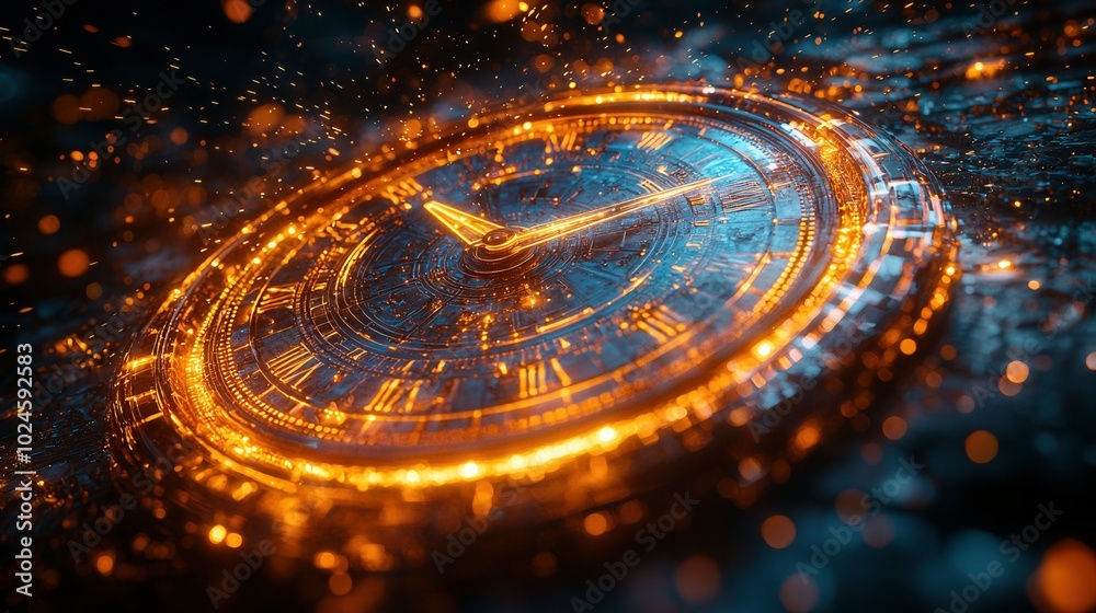 An intricate clock design with glowing orange elements and sparks, set against a dark blue background. A striking fusion of technology and art. An intricate clock design with glowing orange elements and sparks, set against a dark blue background. A striking fusion of technology and art.