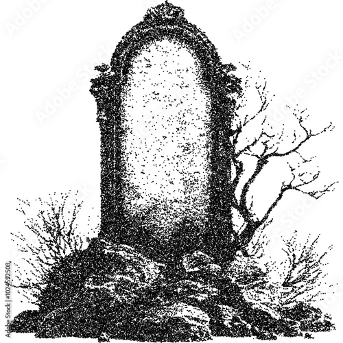 Creepy Halloween gravestone collage element with vintage stippling photocopy effect. Retro vector illustration for psychedelic surreal poster, with experimental grunge dotted texture