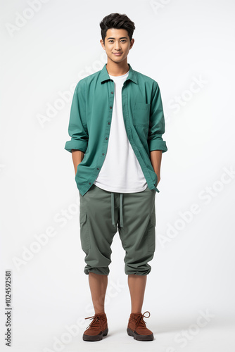 a man in a green color casual outfit standing in a studio