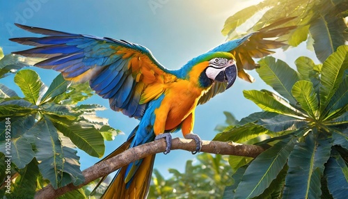 A blue and gold macaw flying gracefully over scenic landscapes inspiring awe and wonder with its vibrant presence photo