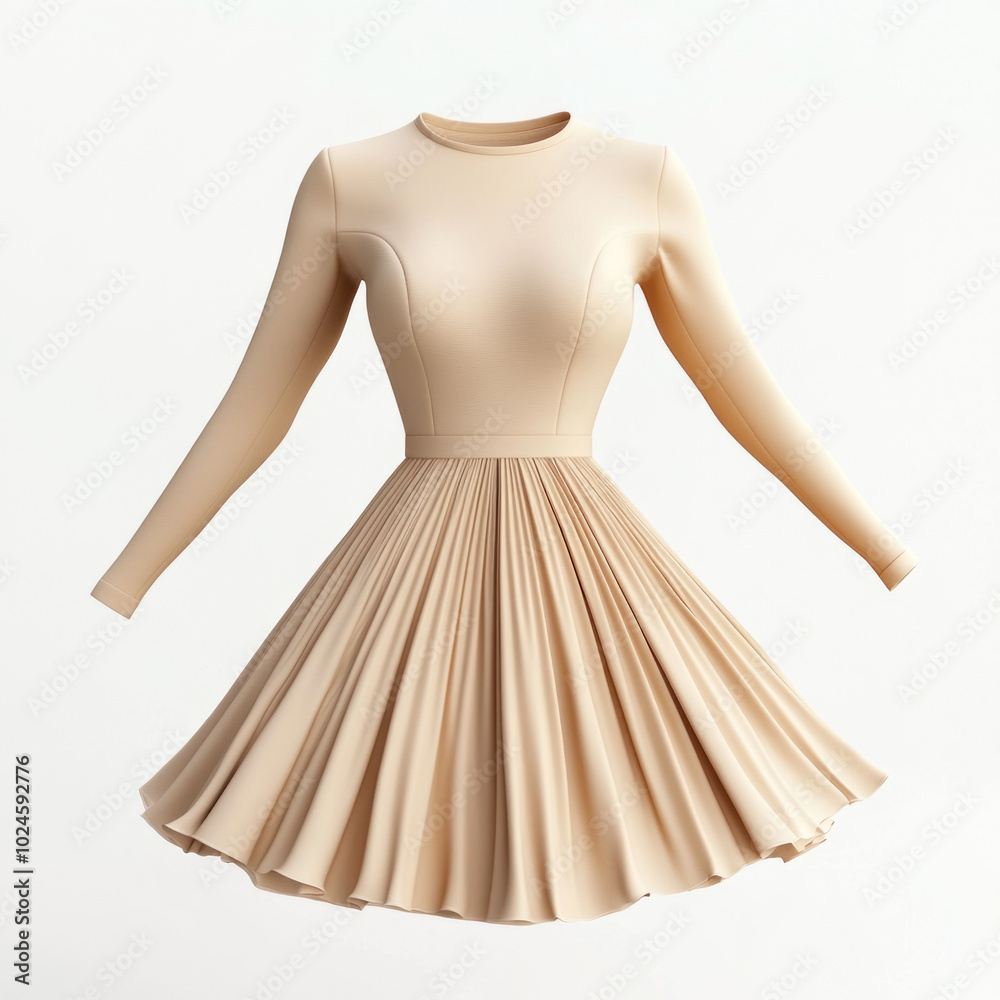 Obraz premium Beige dress with long sleeves and pleated skirt, accessorized with a delicate gold necklace and matching earrings. Background features a lush garden with vibrant flowers.
