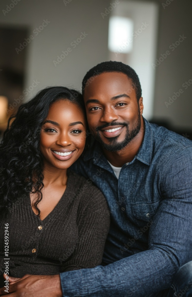 Fototapeta premium Joyful African American Couple Embracing on Couch at Home