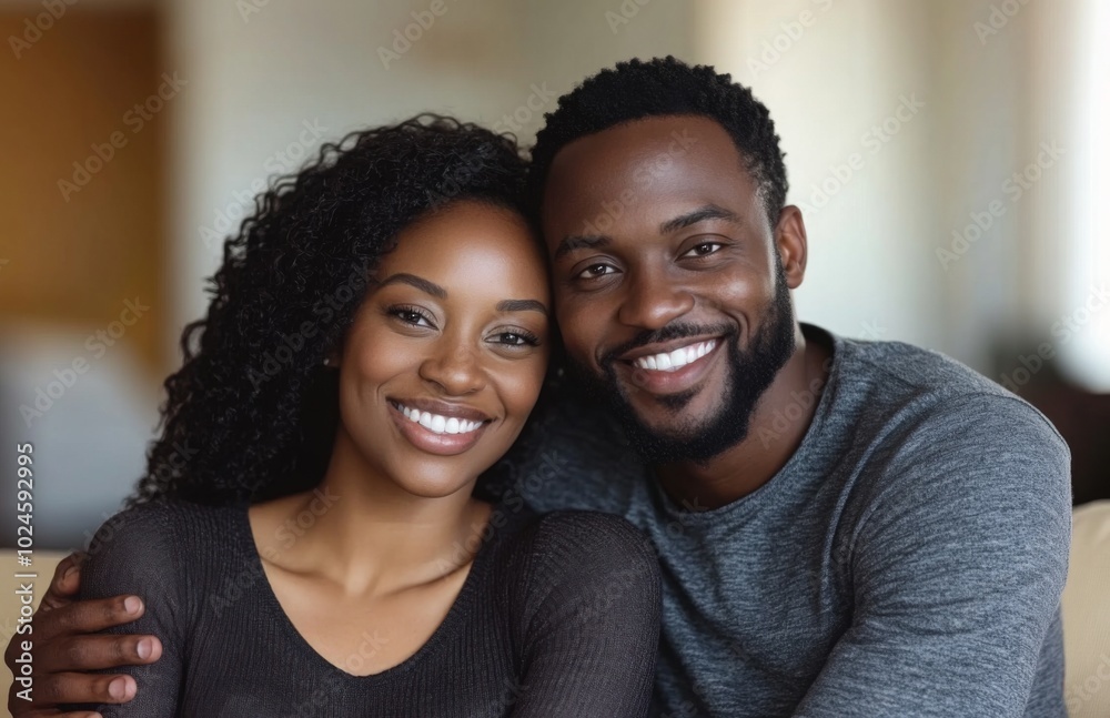 Joyful African American Couple Embracing on Couch at Home Joyful African American Couple Embracing on Couch at Home