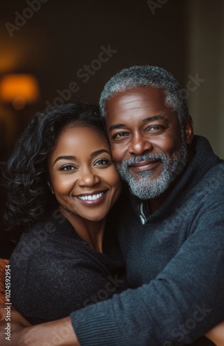 Joyful African American Couple Embracing on Couch at Home