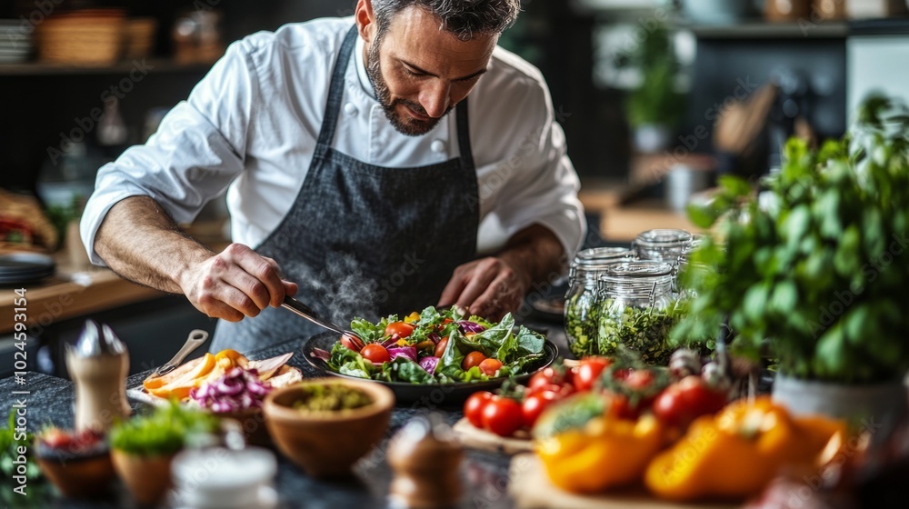 A chef is preparing a salad with a variety of vegetables, including tomatoes A chef is preparing a salad with a variety of vegetables, including tomatoes