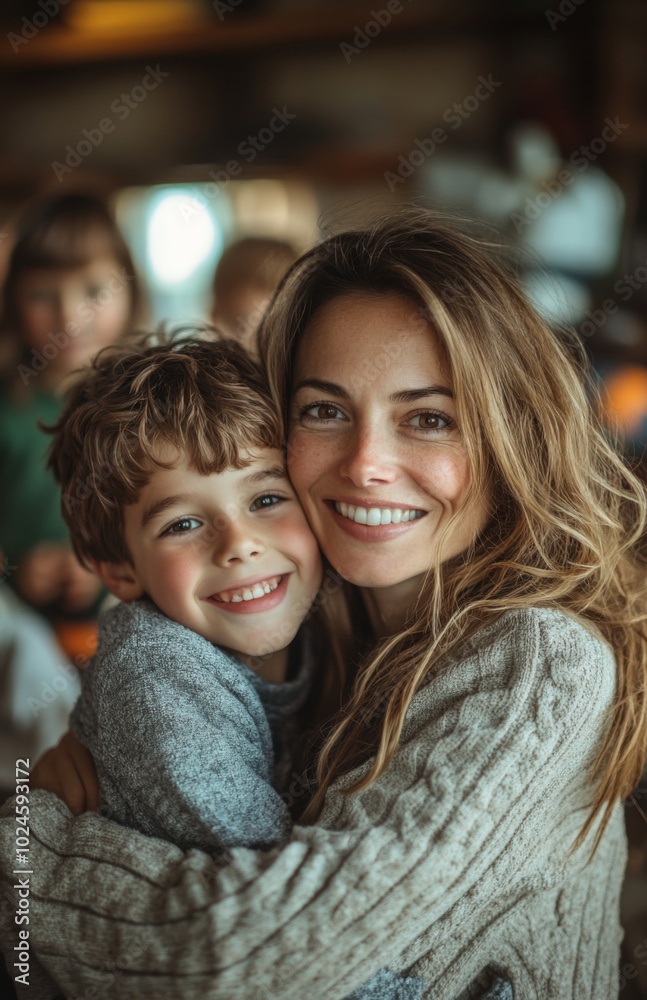 Happy mother and son sharing a warm hug at home