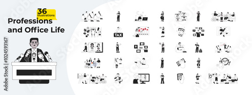 Corporate life employment outline illustrations mega bundle. Jobs occupations. Tax accounting. Charts workplace laptop working 2D linear images isolated. Collection black and white vector drawings