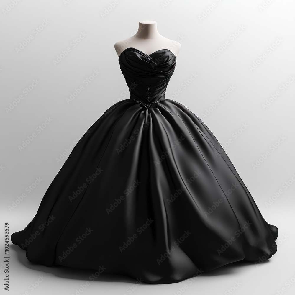 Black ball gown with bow, model twirling gracefully. Background of ornate chandeliers and elegant d?cor. Black ball gown with bow, model twirling gracefully. Background of ornate chandeliers and elegant d?cor.