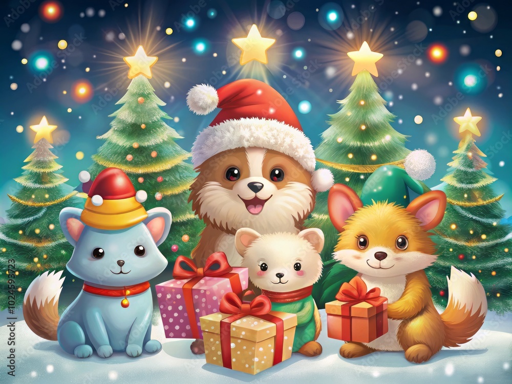 Christmas Gifts with Animals in Festive Hats: A Joyful Holiday Scene for Kids Christmas Gifts with Animals in Festive Hats: A Joyful Holiday Scene for Kids