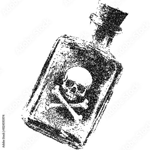 Creepy Halloween poison bottle collage element with vintage stippling photocopy effect. Retro vector illustration for psychedelic surreal poster, with experimental grunge dotted texture