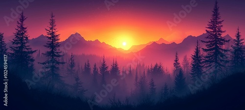 Majestic Mountain Sunset with Silhouetted Forest