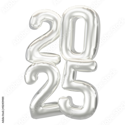 Happy New Year 2025 metallic Silver foil balloons. 3D render Platinum Helium balloons 2025.