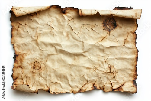 A large sheet of wrinkled and cracked parchment paper with burnt, uneven edges