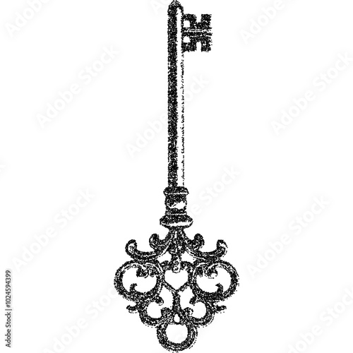 Creepy Halloween key collage element with vintage stippling photocopy effect. Retro vector illustration for psychedelic surreal poster, with experimental grunge dotted texture