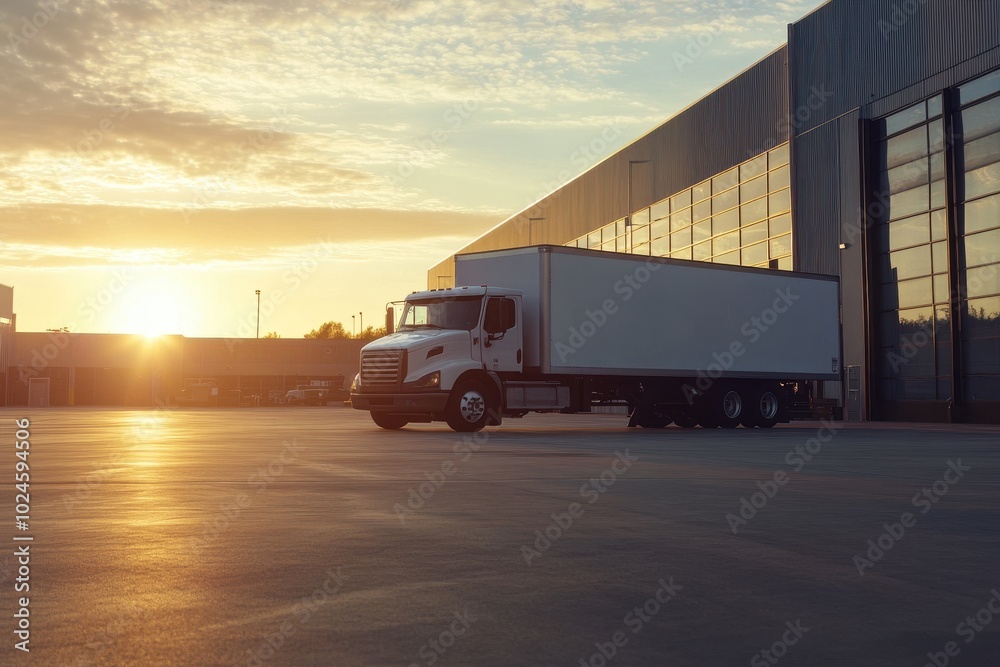A large white delivery truck is parked outside a modern warehouse as the sun rises A large white delivery truck is parked outside a modern warehouse as the sun rises