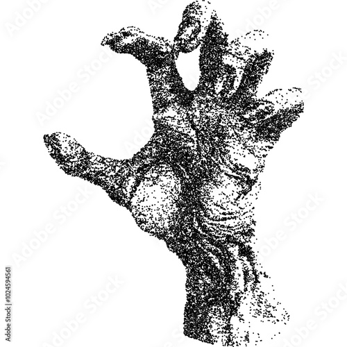Creepy Halloween hand collage element with vintage stippling photocopy effect. Retro vector illustration for psychedelic surreal poster, with experimental grunge dotted texture