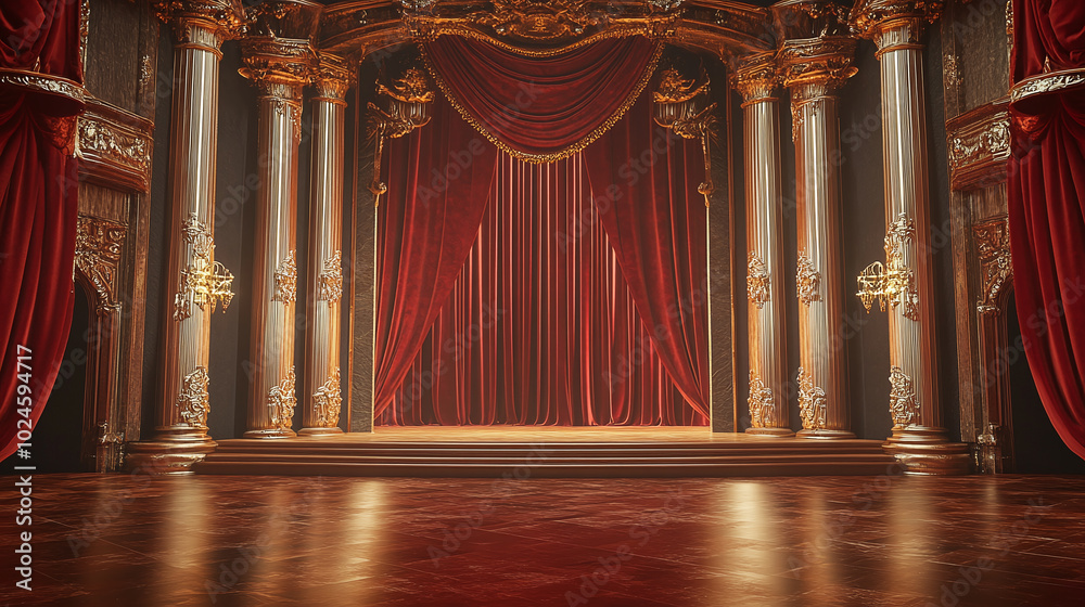 Fototapeta premium A grand orchestra hall stage with red velvet curtains and gilded columns, exuding elegance and a sense of anticipation.