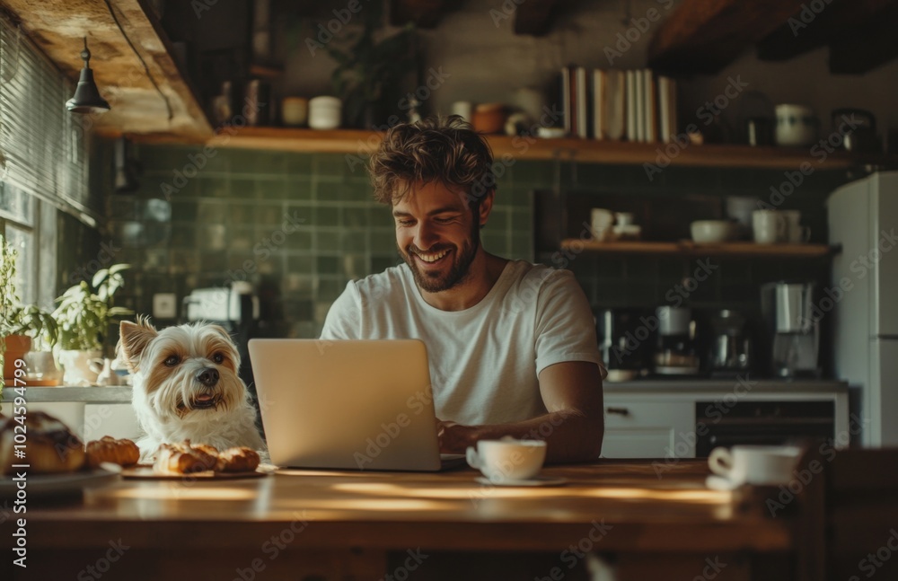 Happy man and his dog working from home kitchen Happy man and his dog working from home kitchen