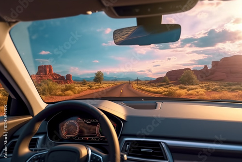 pov car passenger. Front window view texas road trip traveling by rental car relax back seat take photo passenger. Lifestyle vacations vibes outdoor moody mountains view from window. Generative Ai