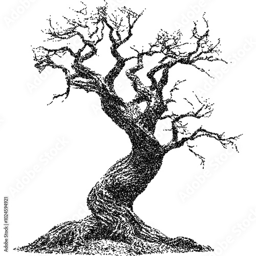 Creepy Halloween old tree collage element with vintage stippling photocopy effect. Retro vector illustration for psychedelic surreal poster, with experimental grunge dotted texture