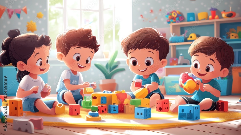 Happy Children Playing with Blocks Happy Children Playing with Blocks