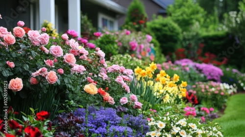 Colorful Floral Garden Blooming in Springtime Sunshine