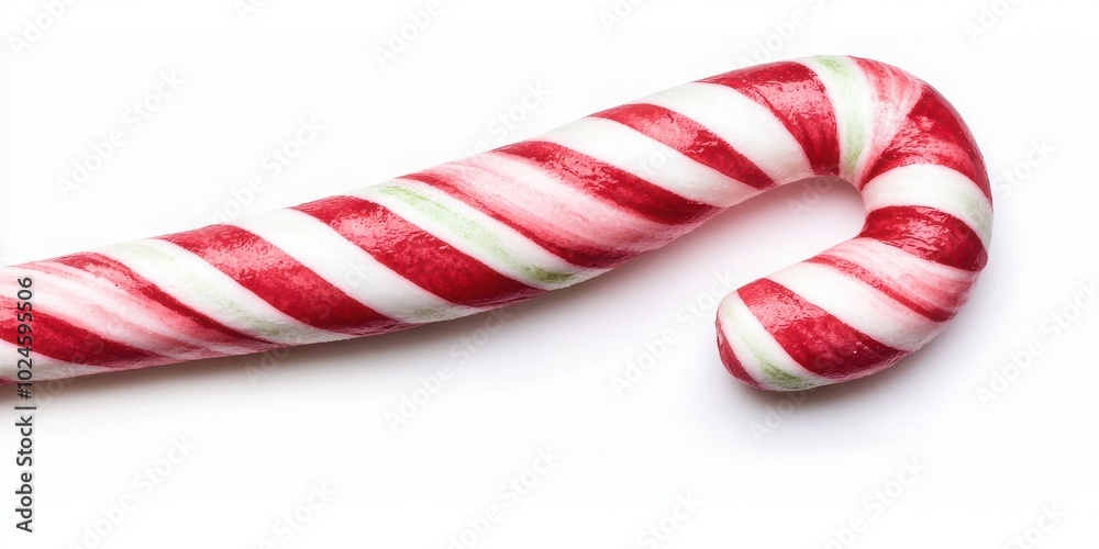 Fototapeta premium A festive candy cane with red and white stripes, perfect for holiday decorations or seasonal treats.