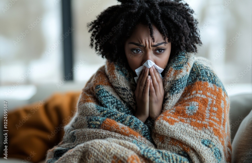 Cozy Woman Sneezing at Home While Wrapped in a Blanket Cozy Woman Sneezing at Home While Wrapped in a Blanket