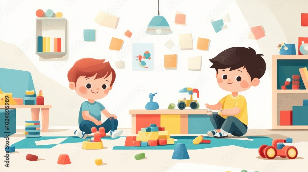 Two Children Playing With Toys in a Playroom Two Children Playing With Toys in a Playroom