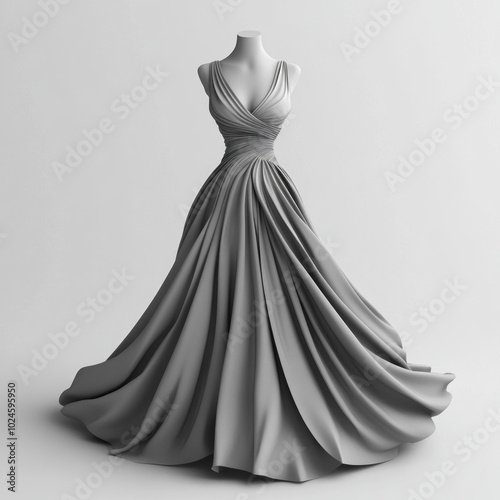 Grey dress on a mannequin with lace detailing and flowing fabric, standing against a white background. photo