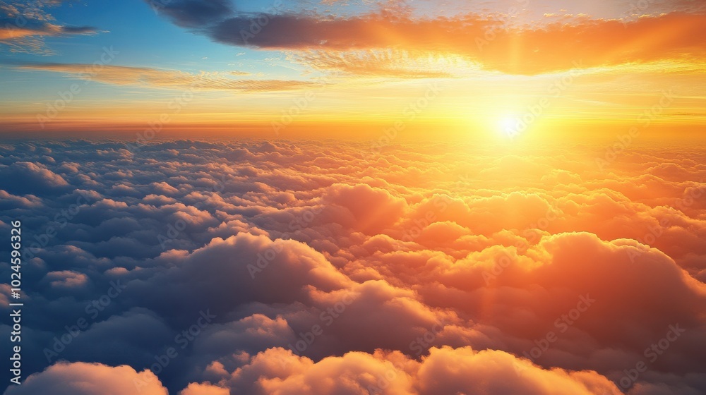 A majestic view of the sky at sunrise or sunset, with the sun sitting low on the horizon. The sky A majestic view of the sky at sunrise or sunset, with the sun sitting low on the horizon. The sky