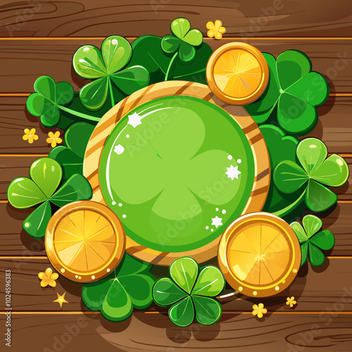 Vector illustration of green shamrocks and coins arranged creatively on wooden background