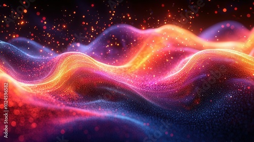 This image features colorful abstract waves filled with vibrant lights and shimmering particles. The design creates a mesmerizing visual experience.