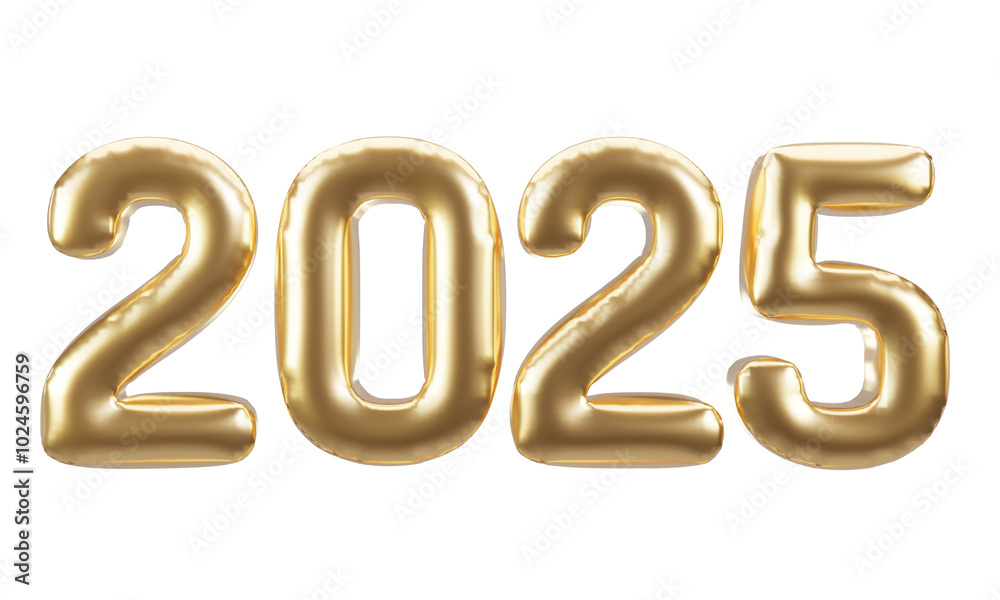 Happy new year 2025 metallic gold foil balloons. 3D render Golden Helium balloons 2025. Happy new year 2025 metallic gold foil balloons. 3D render Golden Helium balloons 2025.
