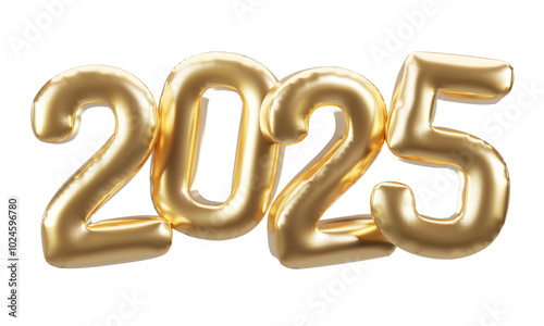 Happy new year 2025 metallic gold foil balloons. 3D render Golden Helium balloons 2025.
