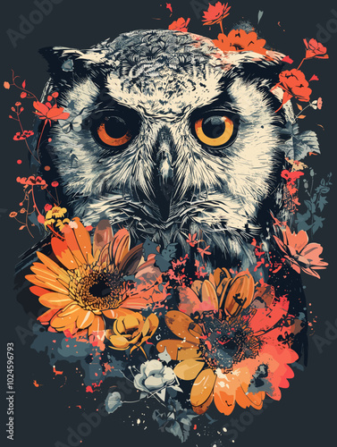 Owl with flowers on a dark background. Vector illustration for your design