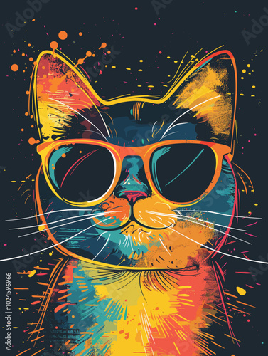 A colorful cat wearing sunglasses and a colorful background. The cat is smiling and he is enjoying the sunny day