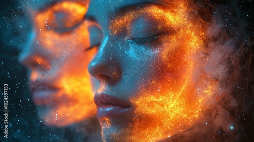 A stunning portrayal of a woman with a cosmic-themed face, featuring vibrant colors and ethereal sparks, capturing a surreal and artistic essence.