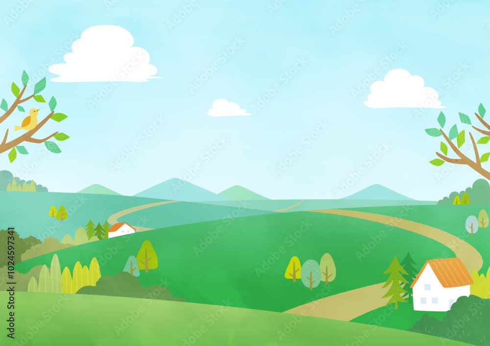Fototapeta premium background illustration grass field and houses