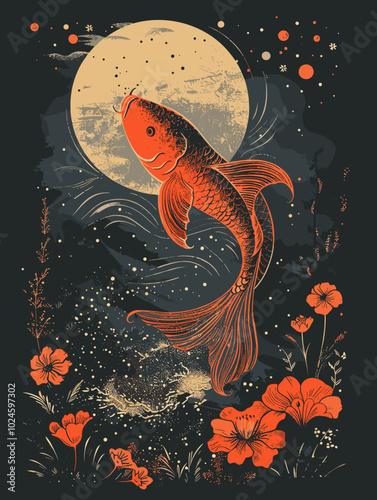 Vector illustration of a goldfish on the background of the full moon.
